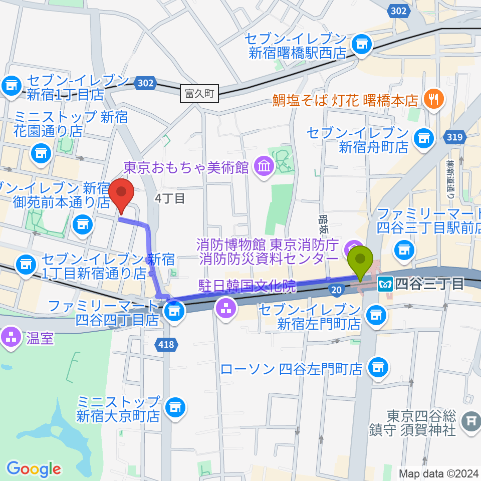 四谷三丁目駅からSTUDIO Cross Edgeへのルートマップ地図