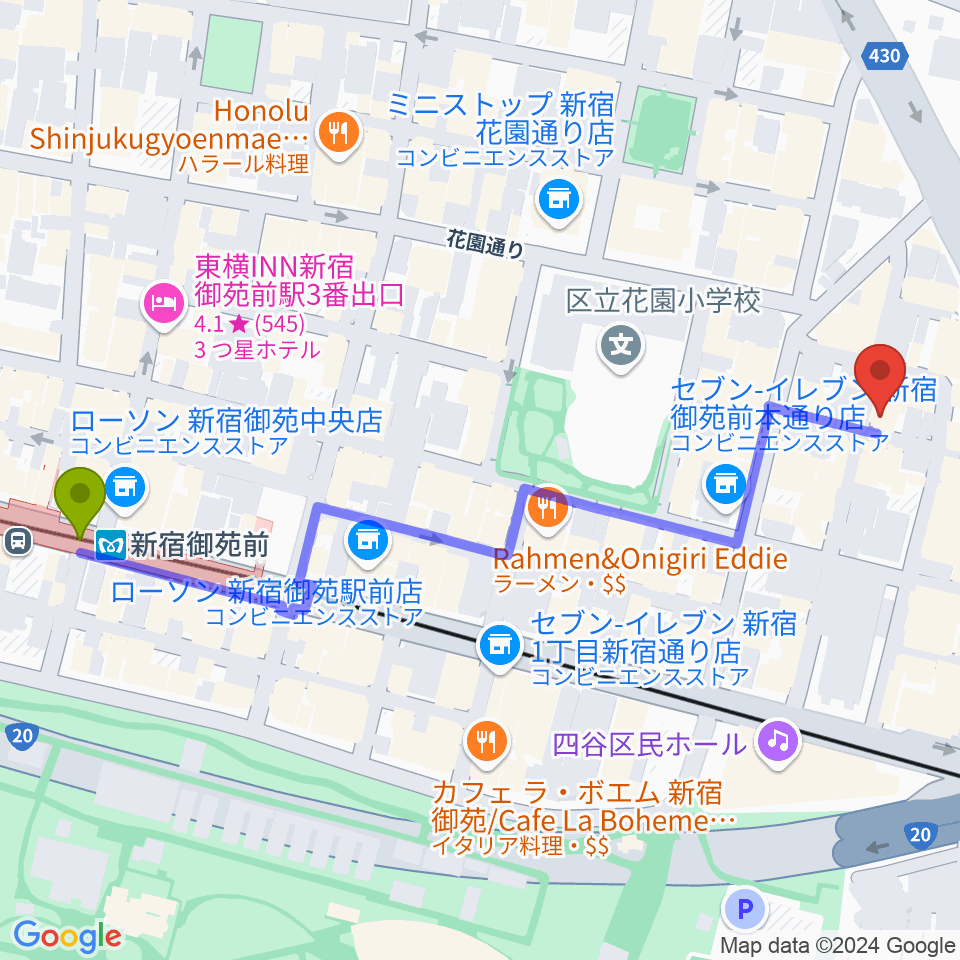 STUDIO Cross Edgeの最寄駅新宿御苑前駅からの徒歩ルート（約7分）地図