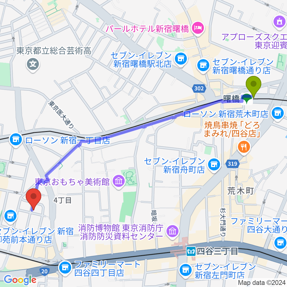 曙橋駅からSTUDIO Cross Edgeへのルートマップ地図