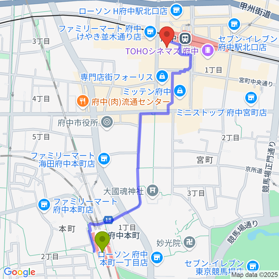 府中本町駅から府中市市民活動センター プラッツへのルートマップ地図