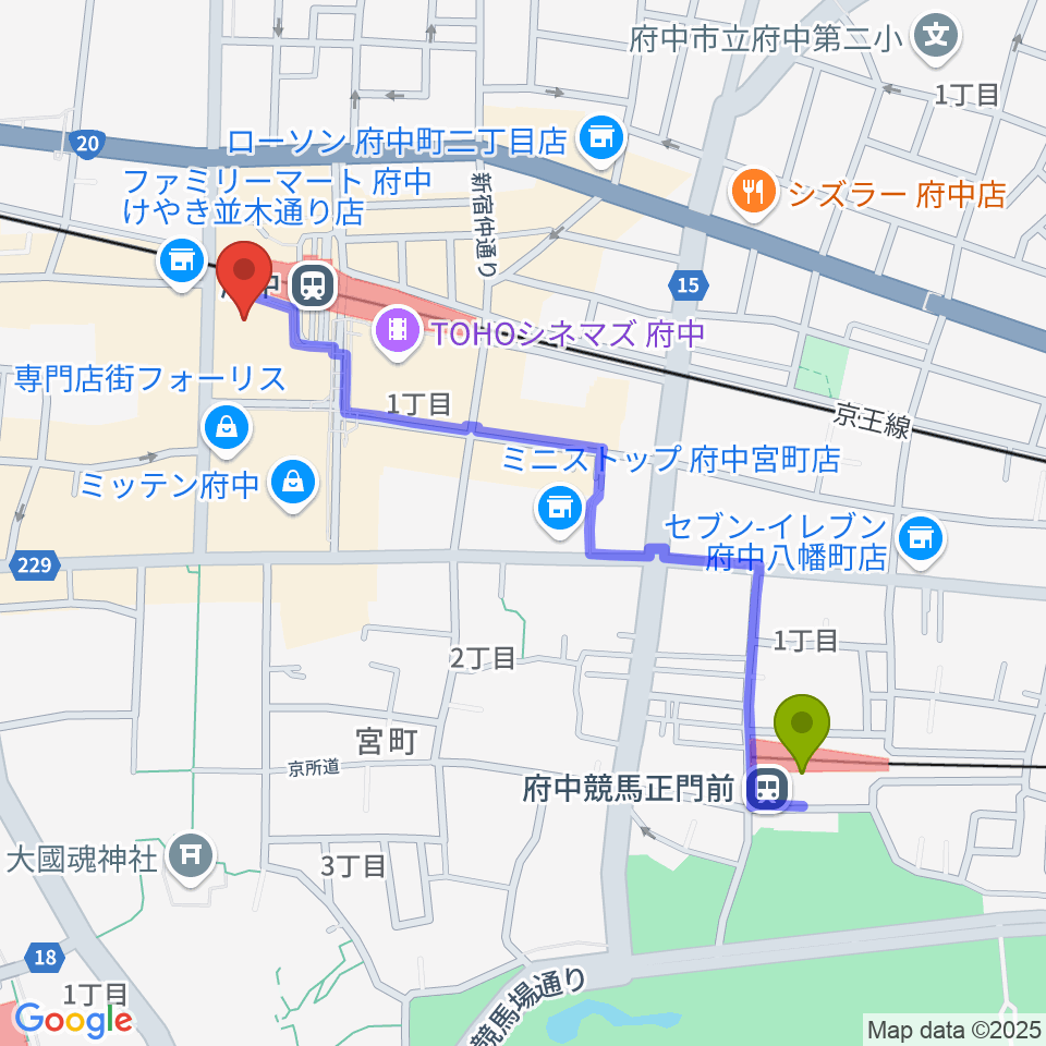 府中競馬正門前駅から府中市市民活動センター プラッツへのルートマップ地図