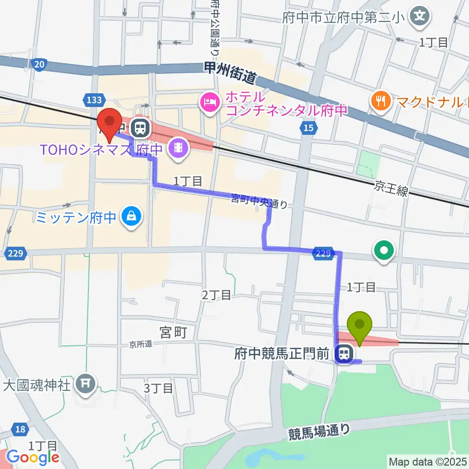 府中競馬正門前駅から府中市市民活動センター プラッツへのルートマップ地図