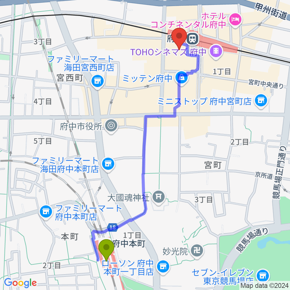 府中本町駅から府中の森芸術劇場分館へのルートマップ地図