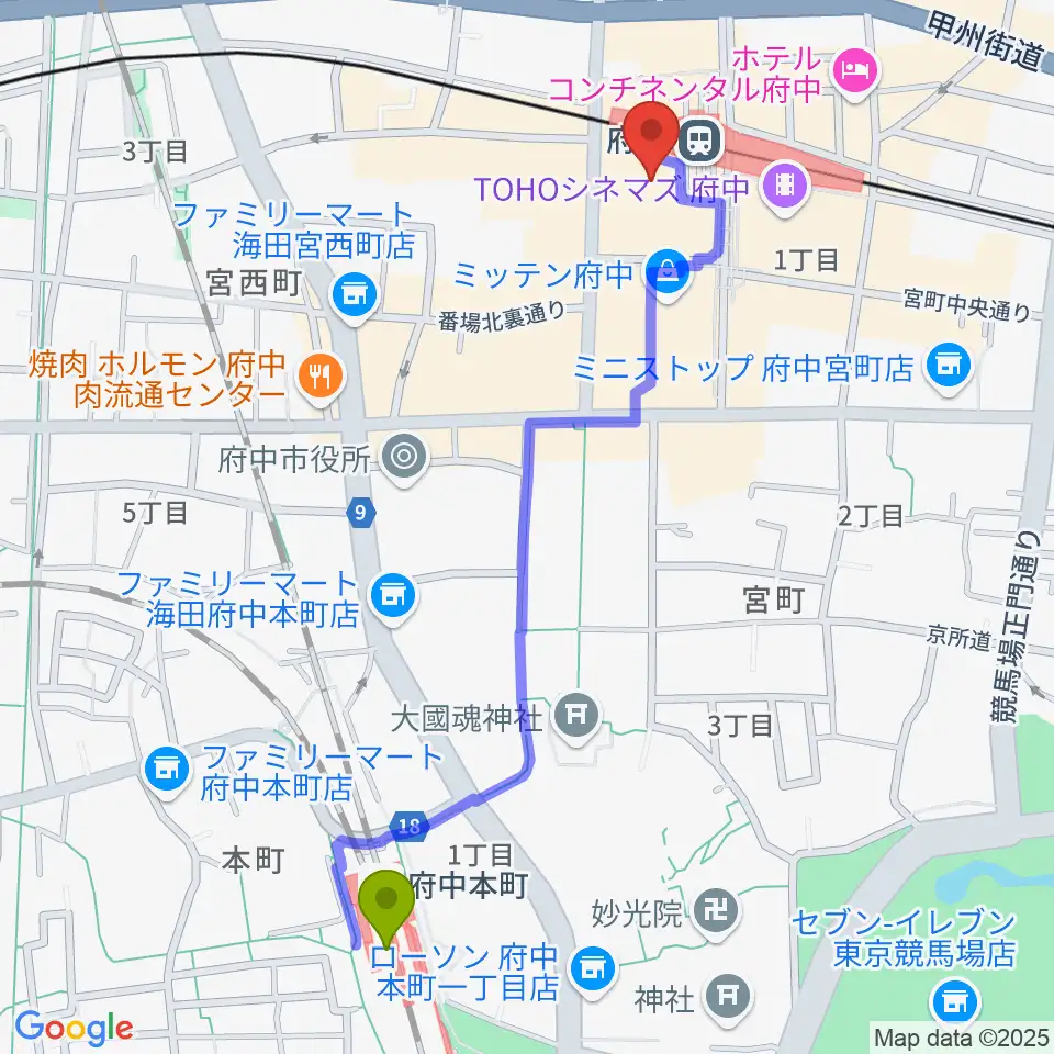 府中本町駅から府中の森芸術劇場分館へのルートマップ地図