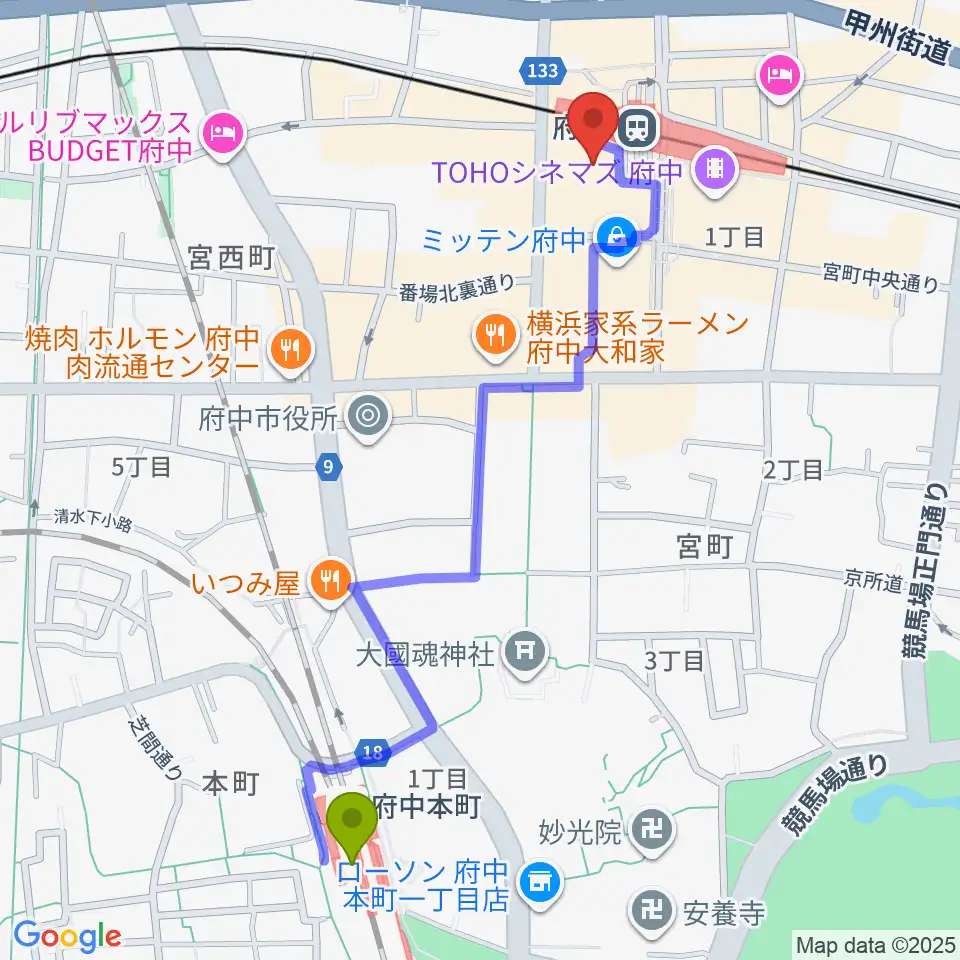 府中本町駅から府中の森芸術劇場分館へのルートマップ地図