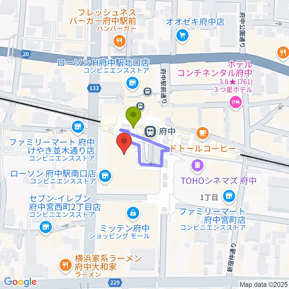 府中の森芸術劇場分館の最寄駅府中駅からの徒歩ルート（約1分）地図