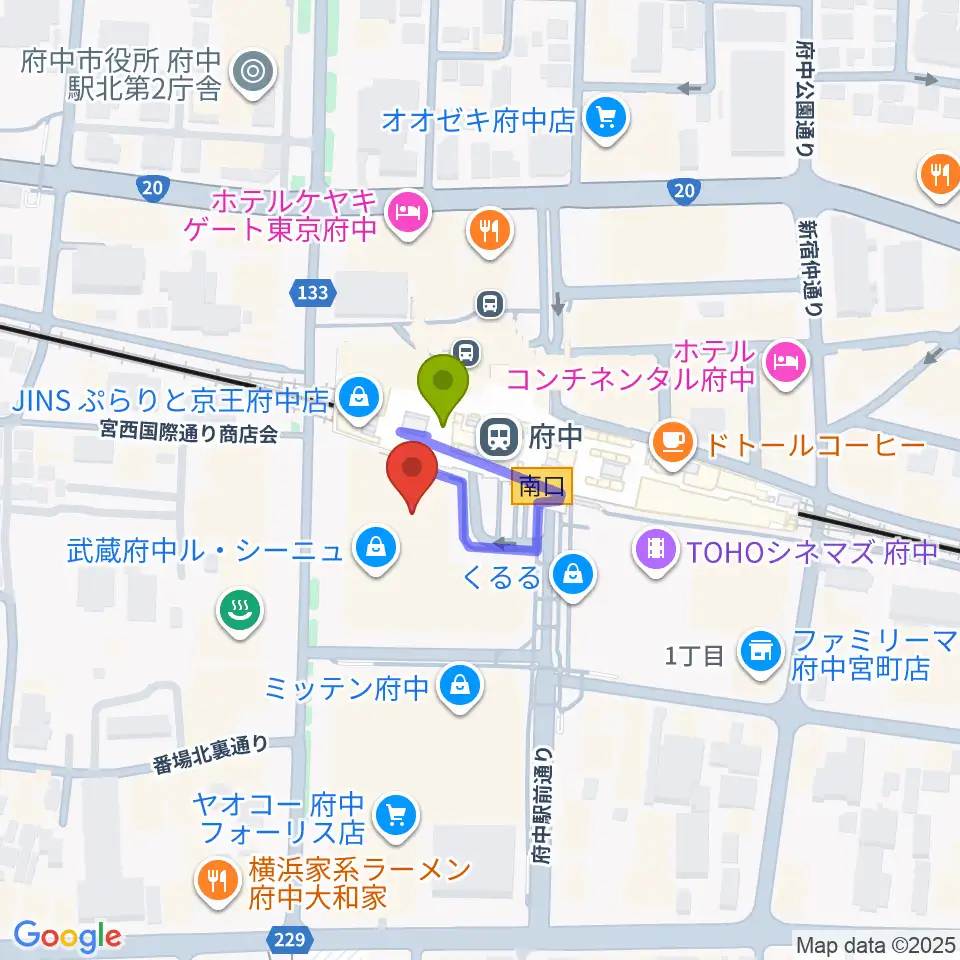 府中の森芸術劇場分館の最寄駅府中駅からの徒歩ルート（約1分）地図