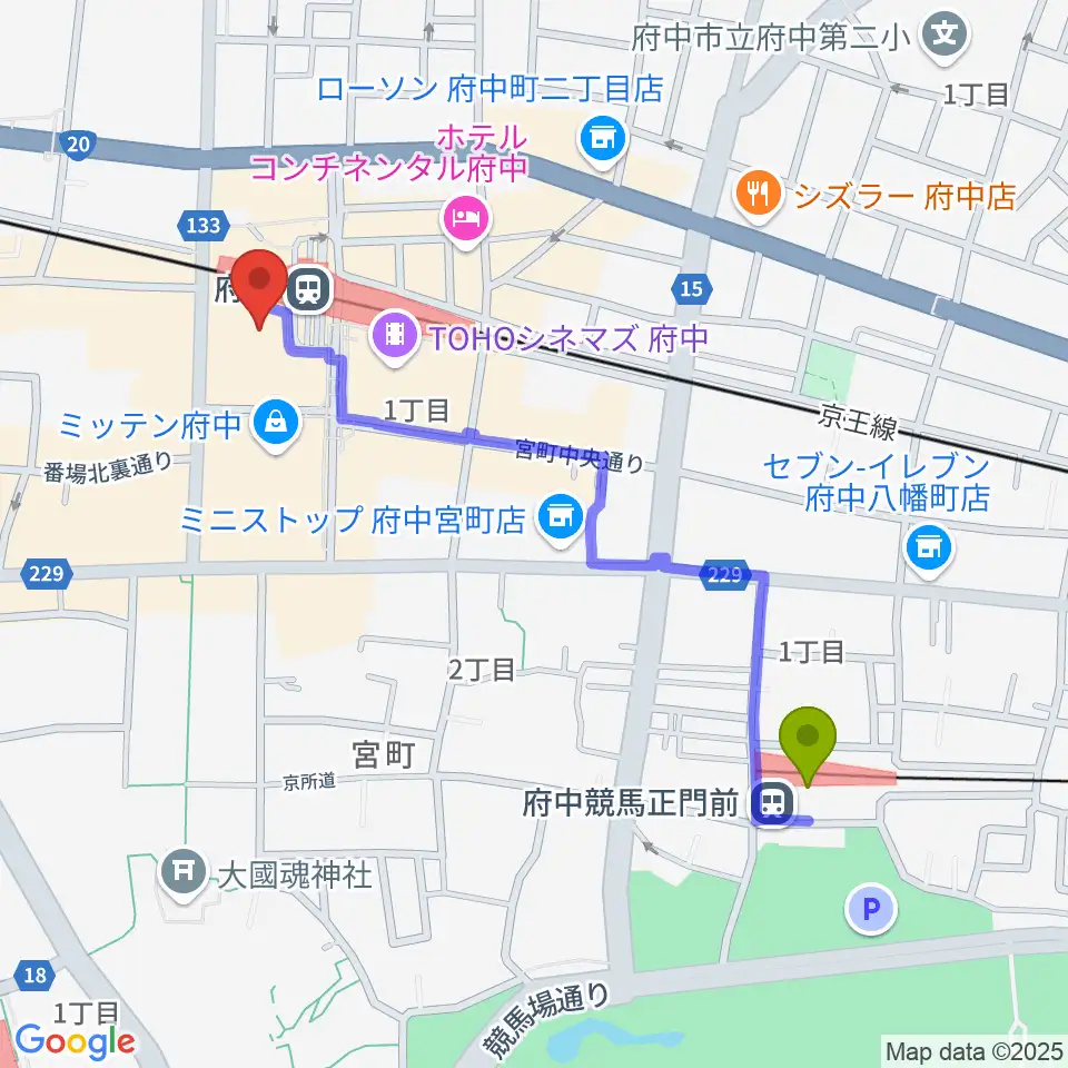 府中競馬正門前駅から府中の森芸術劇場分館へのルートマップ地図