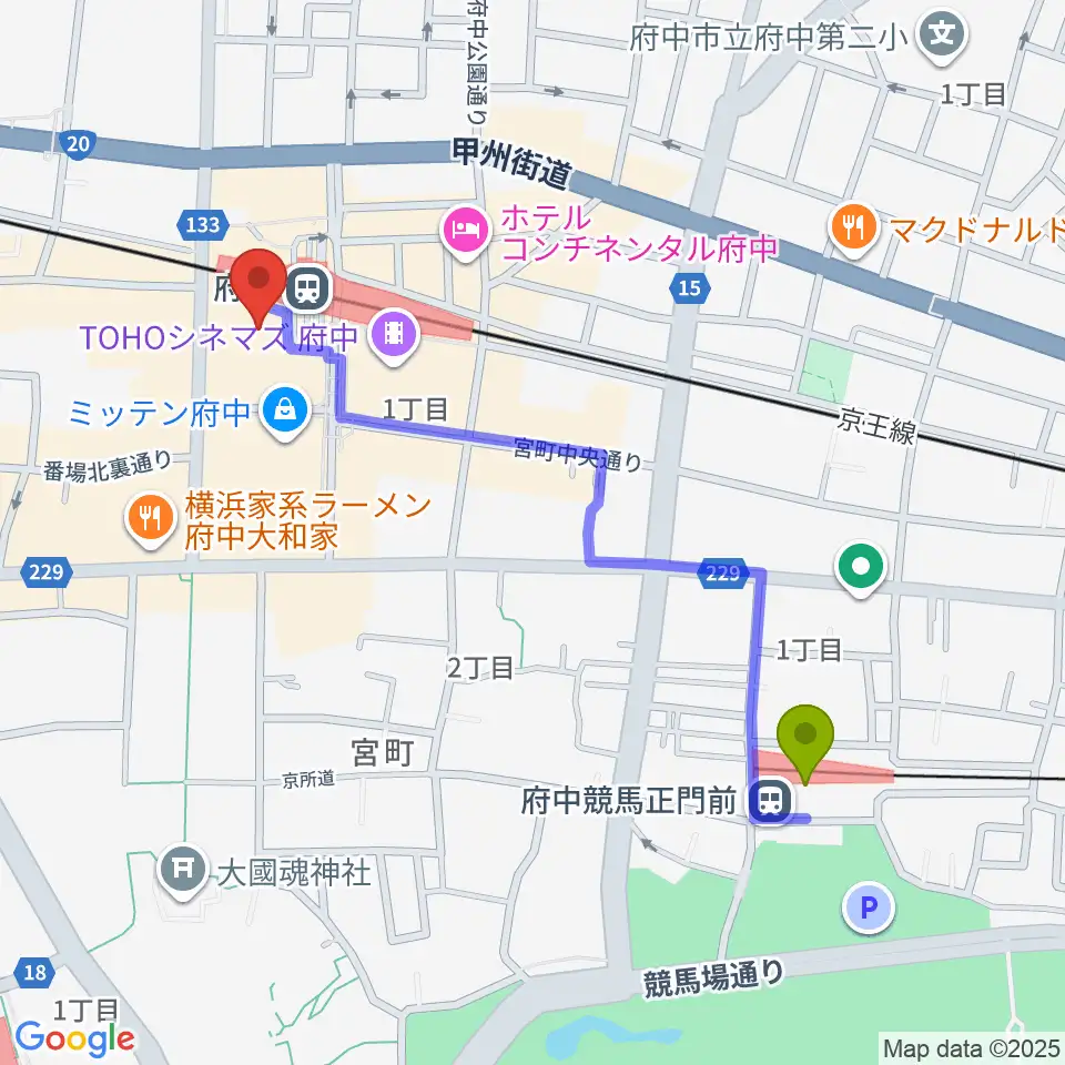 府中競馬正門前駅から府中の森芸術劇場分館へのルートマップ地図