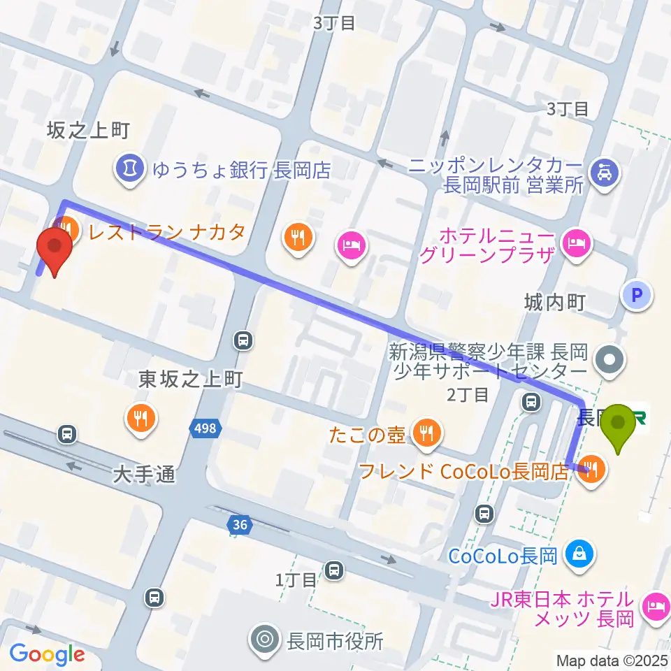 音楽色堂の最寄駅長岡駅からの徒歩ルート（約7分）地図