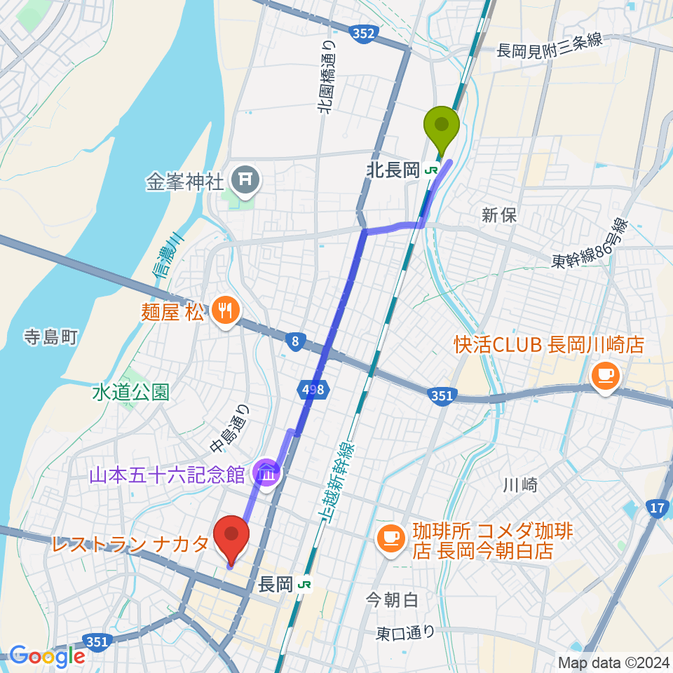 北長岡駅から音楽色堂へのルートマップ地図