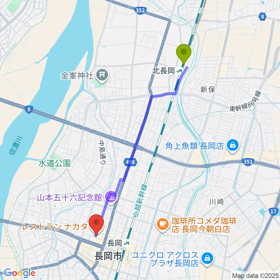 北長岡駅から音楽色堂へのルートマップ地図