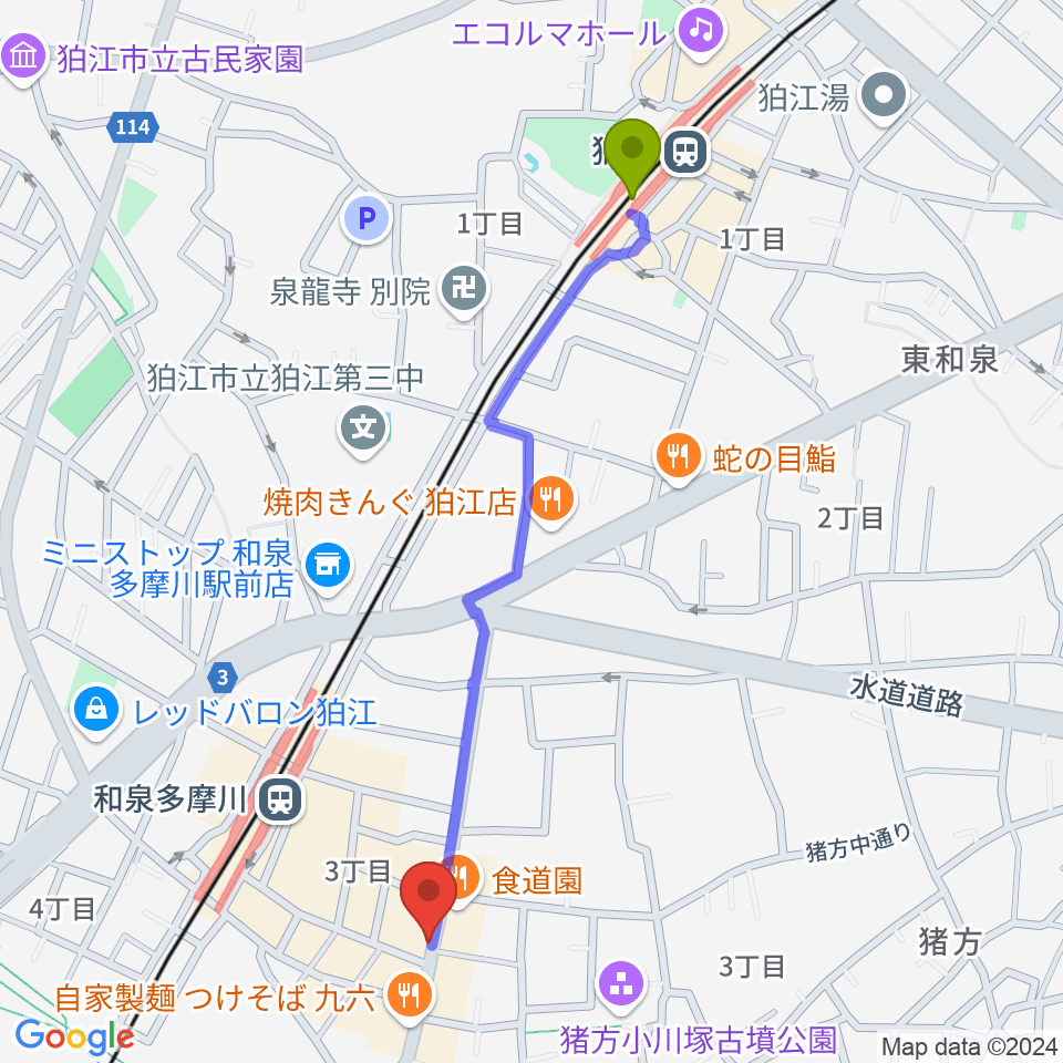 狛江駅からアイスタジオへのルートマップ地図