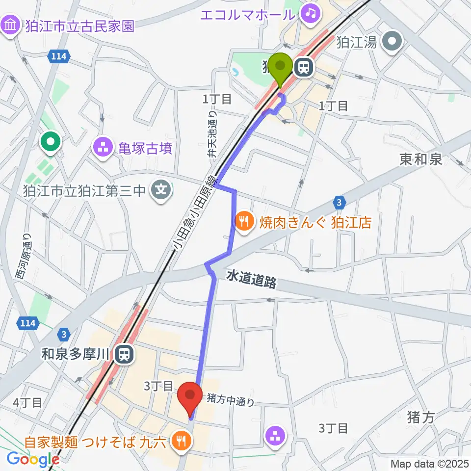 狛江駅からアイスタジオへのルートマップ地図