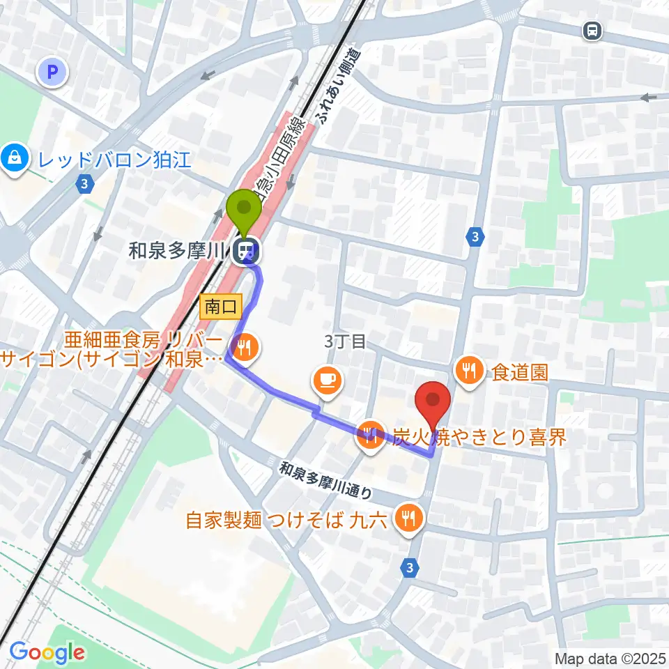 アイスタジオの最寄駅和泉多摩川駅からの徒歩ルート（約3分）地図
