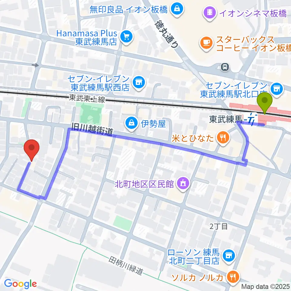 ミュージックギャラリーアリエッタの最寄駅東武練馬駅からの徒歩ルート（約6分）地図