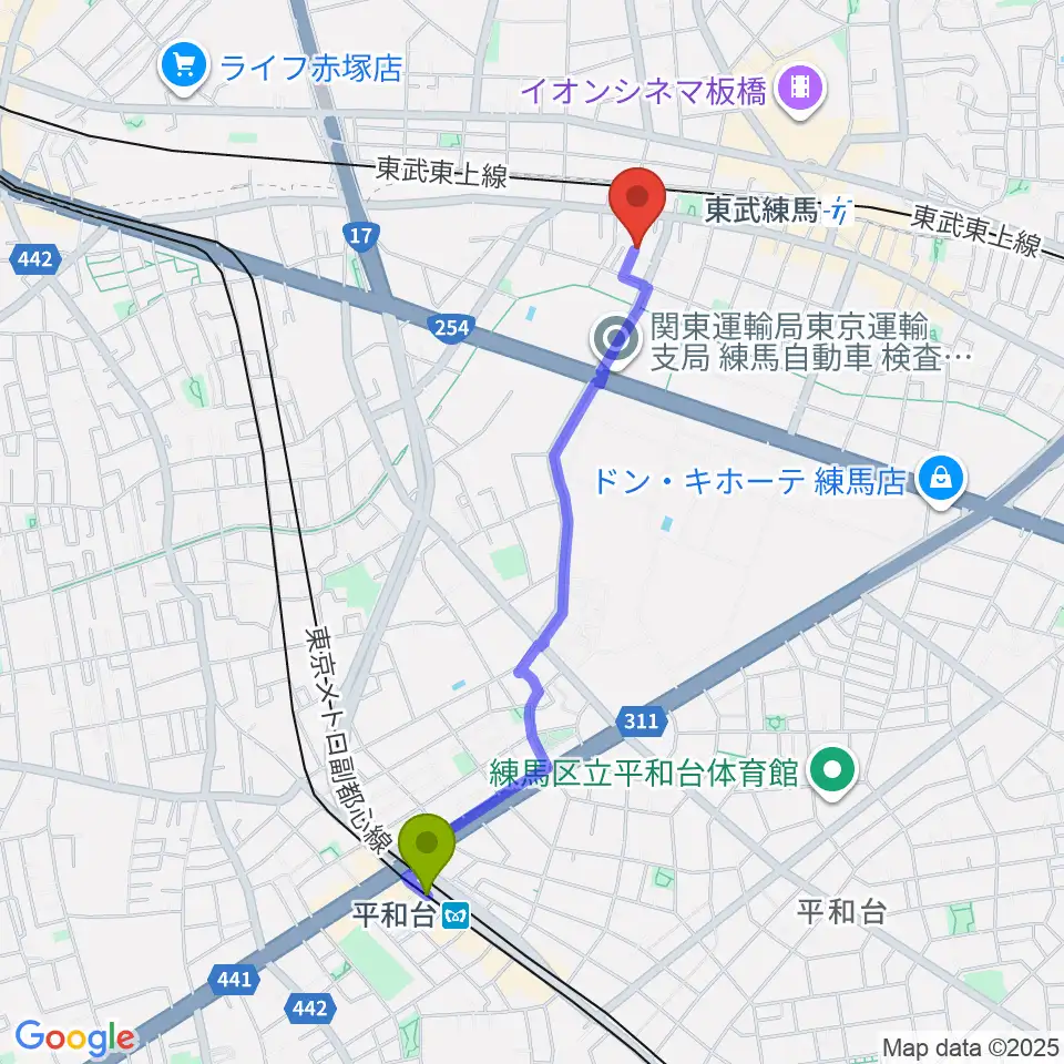 平和台駅からミュージックギャラリーアリエッタへのルートマップ地図