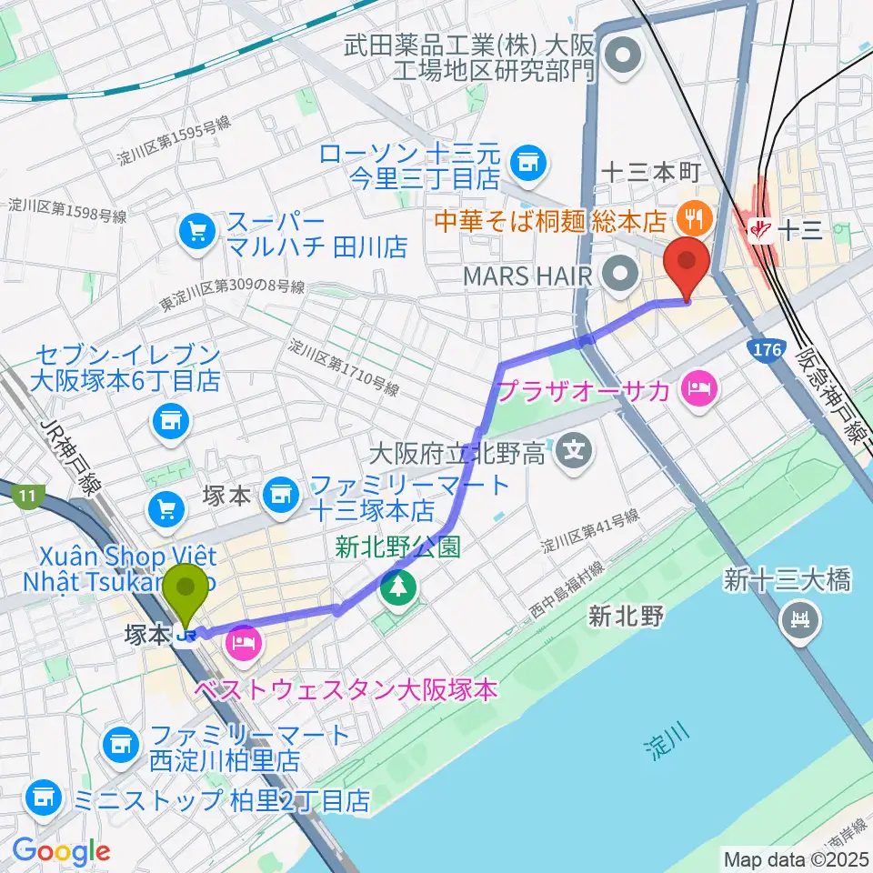 塚本駅から十三GABUへのルートマップ地図