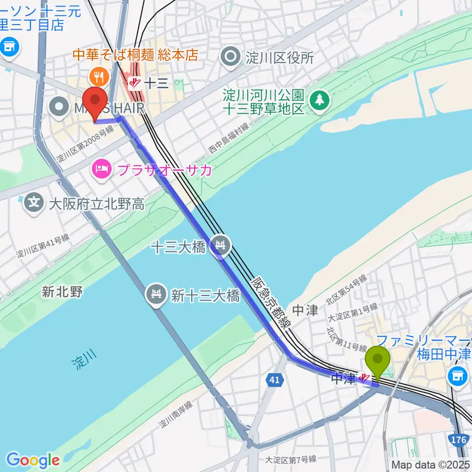 中津駅から十三GABUへのルートマップ地図