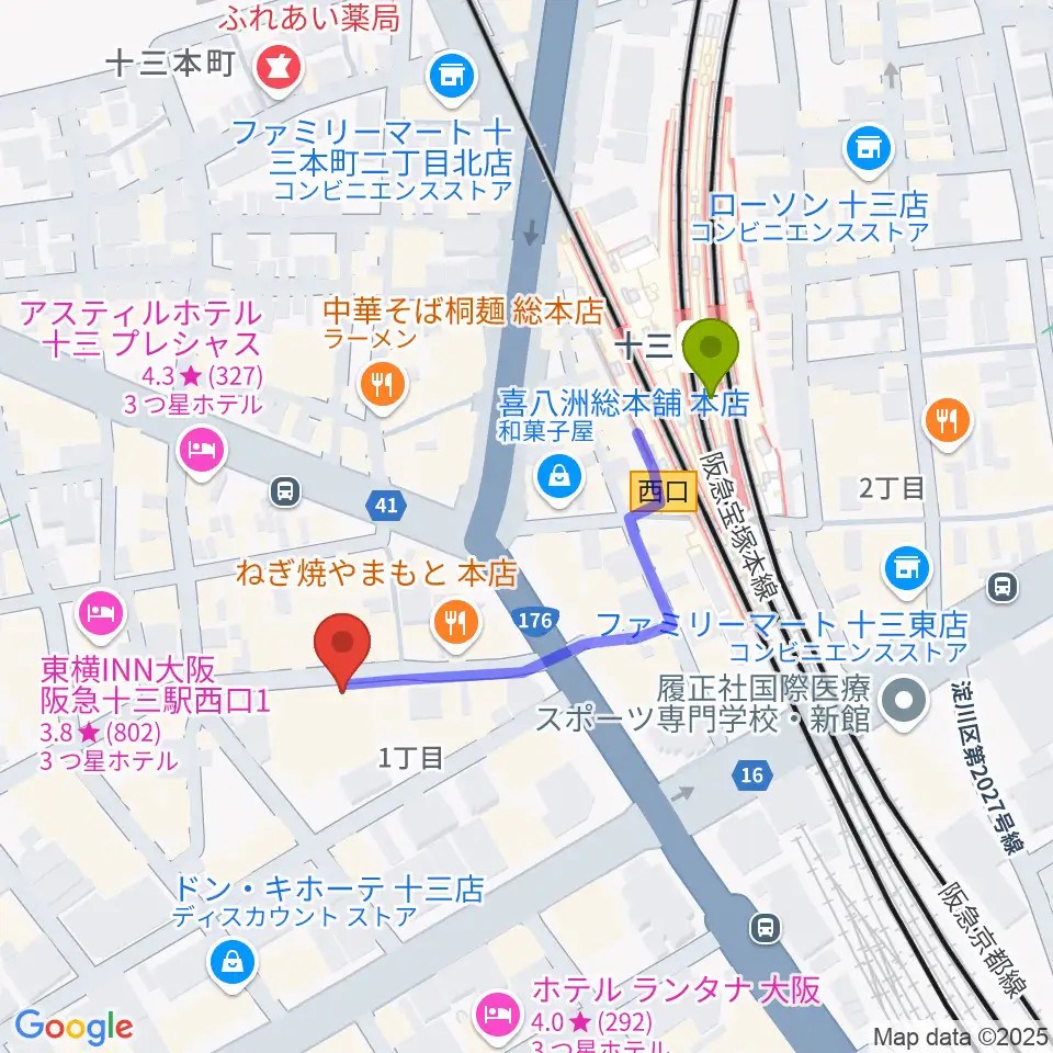 十三GABUの最寄駅十三駅からの徒歩ルート（約4分）地図