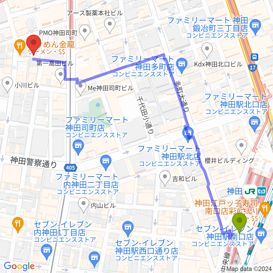神田駅から神田Lydian（リディアン）へのルートマップ地図
