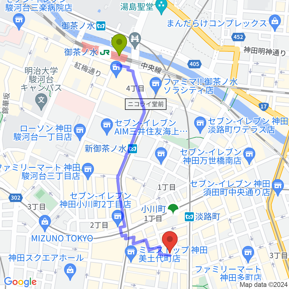 御茶ノ水駅から神田Lydian（リディアン）へのルートマップ地図