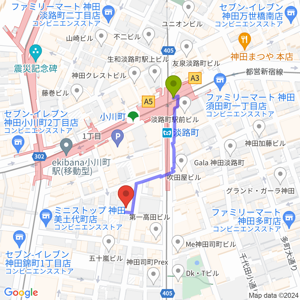 神田Lydian（リディアン）の最寄駅淡路町駅からの徒歩ルート（約3分）地図