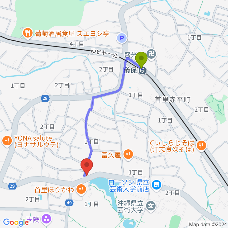 Yumeボーカル教室 那覇/首里校の最寄駅儀保駅からの徒歩ルート（約9分）地図