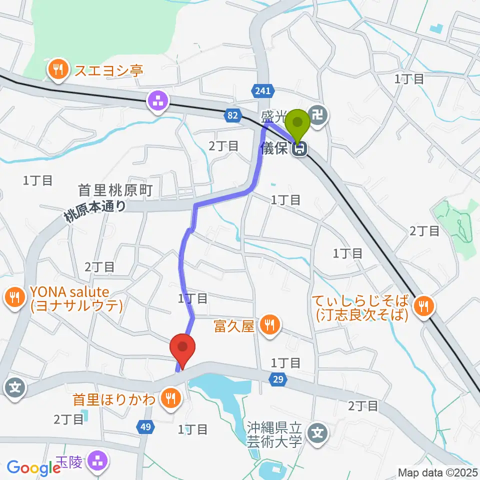 Yumeボーカル教室 那覇/首里校の最寄駅儀保駅からの徒歩ルート（約9分）地図