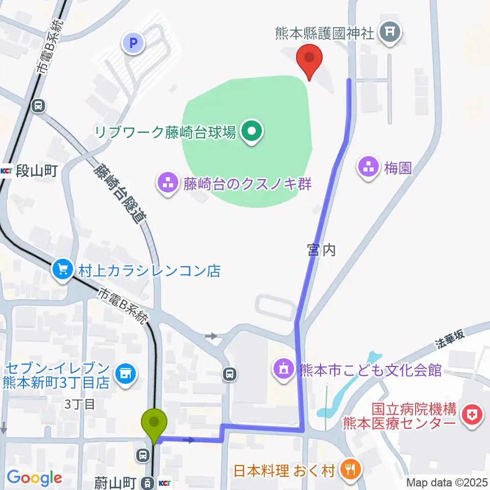 蔚山町駅からリブワーク藤崎台球場へのルートマップ Mdata