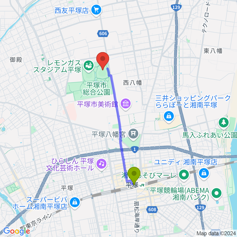 バッティングパレス相石スタジアムひらつかの最寄駅平塚駅からの徒歩ルート（約31分）地図