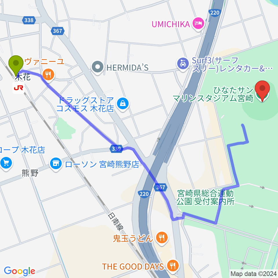 ひなたサンマリンスタジアム宮崎の最寄駅木花駅からの徒歩ルート（約14分）地図