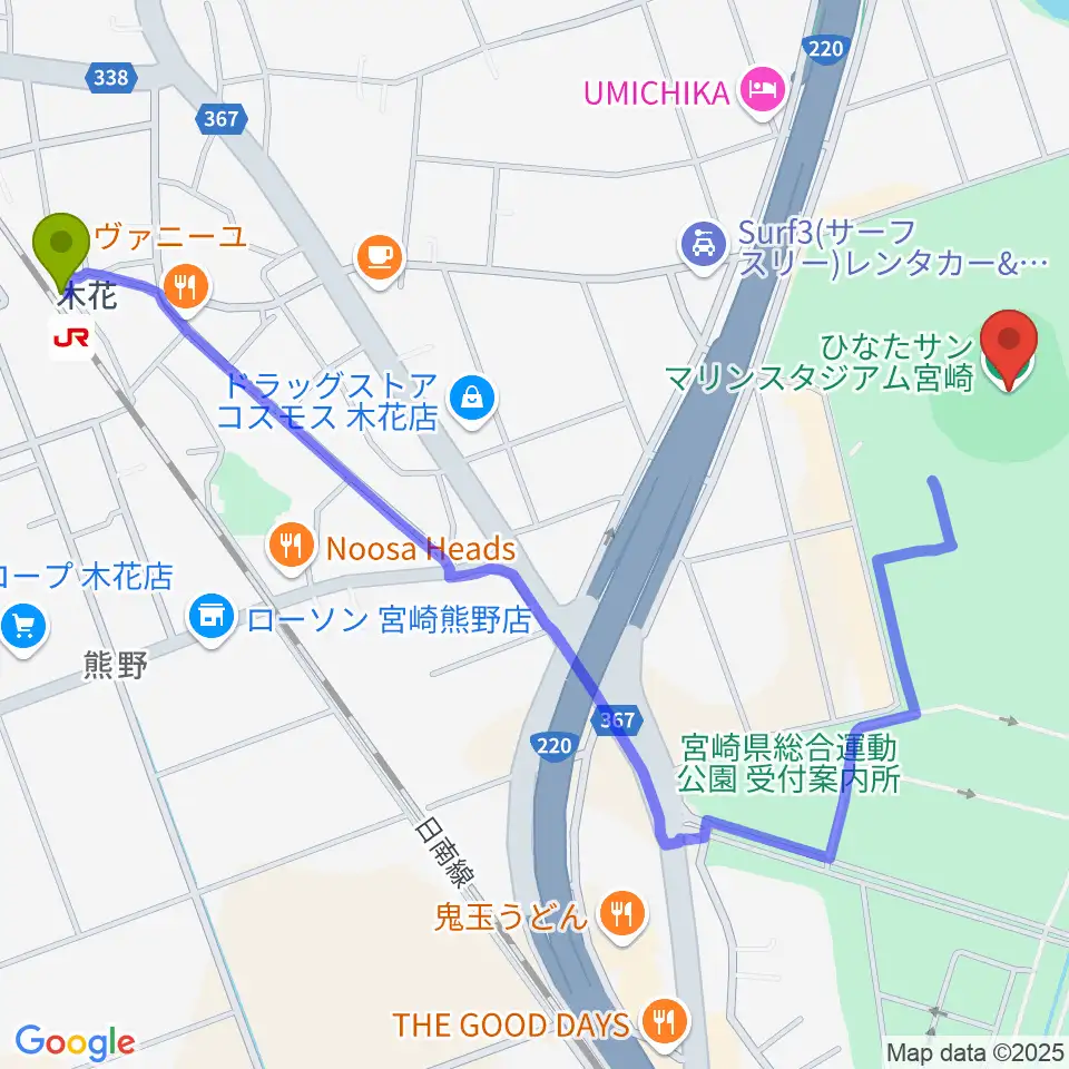 ひなたサンマリンスタジアム宮崎の最寄駅木花駅からの徒歩ルート（約14分）地図