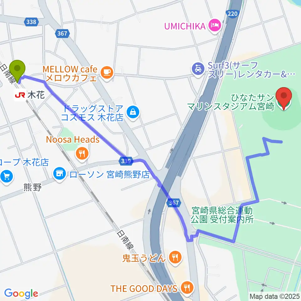 ひなたサンマリンスタジアム宮崎の最寄駅木花駅からの徒歩ルート（約14分）地図