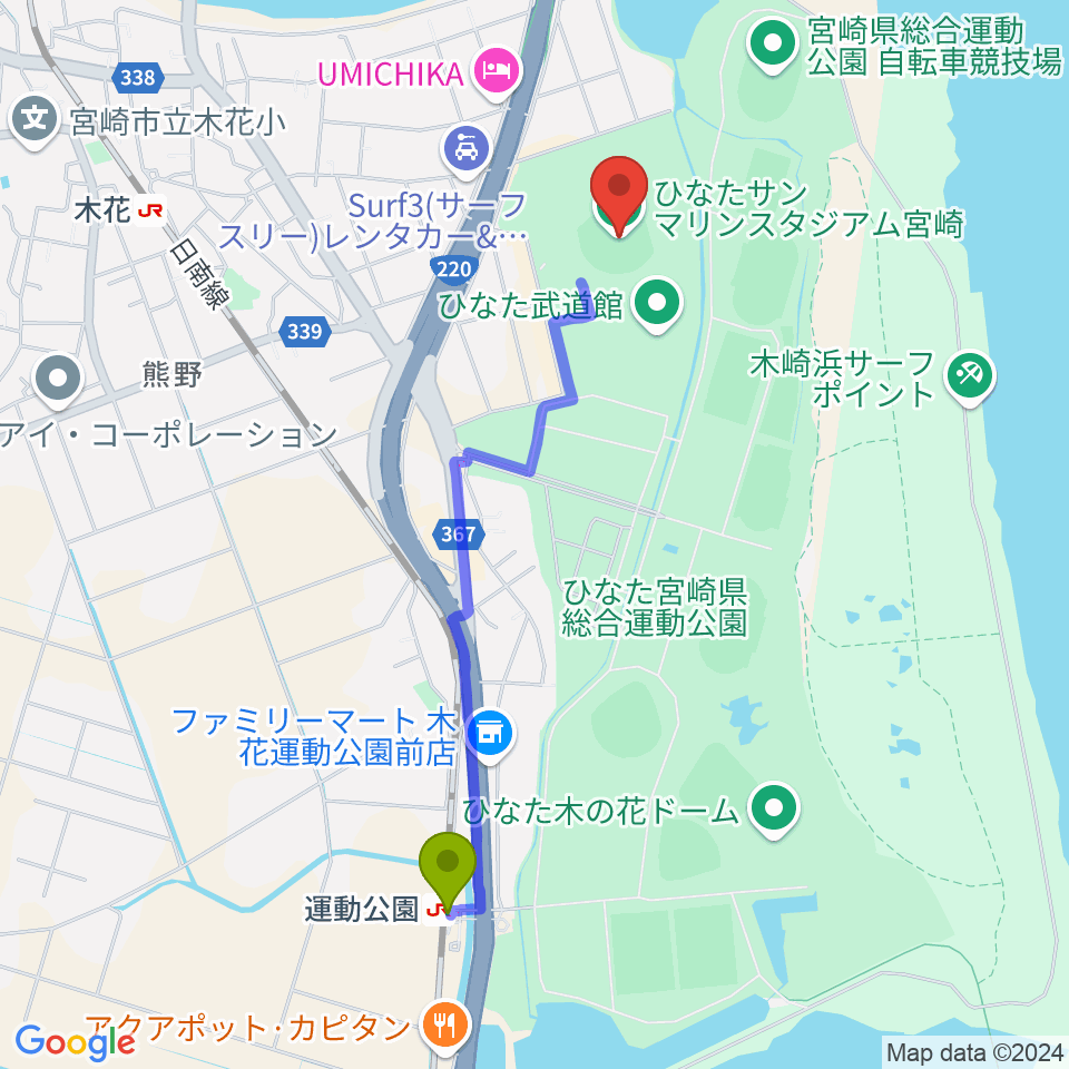 運動公園駅からひなたサンマリンスタジアム宮崎へのルートマップ地図