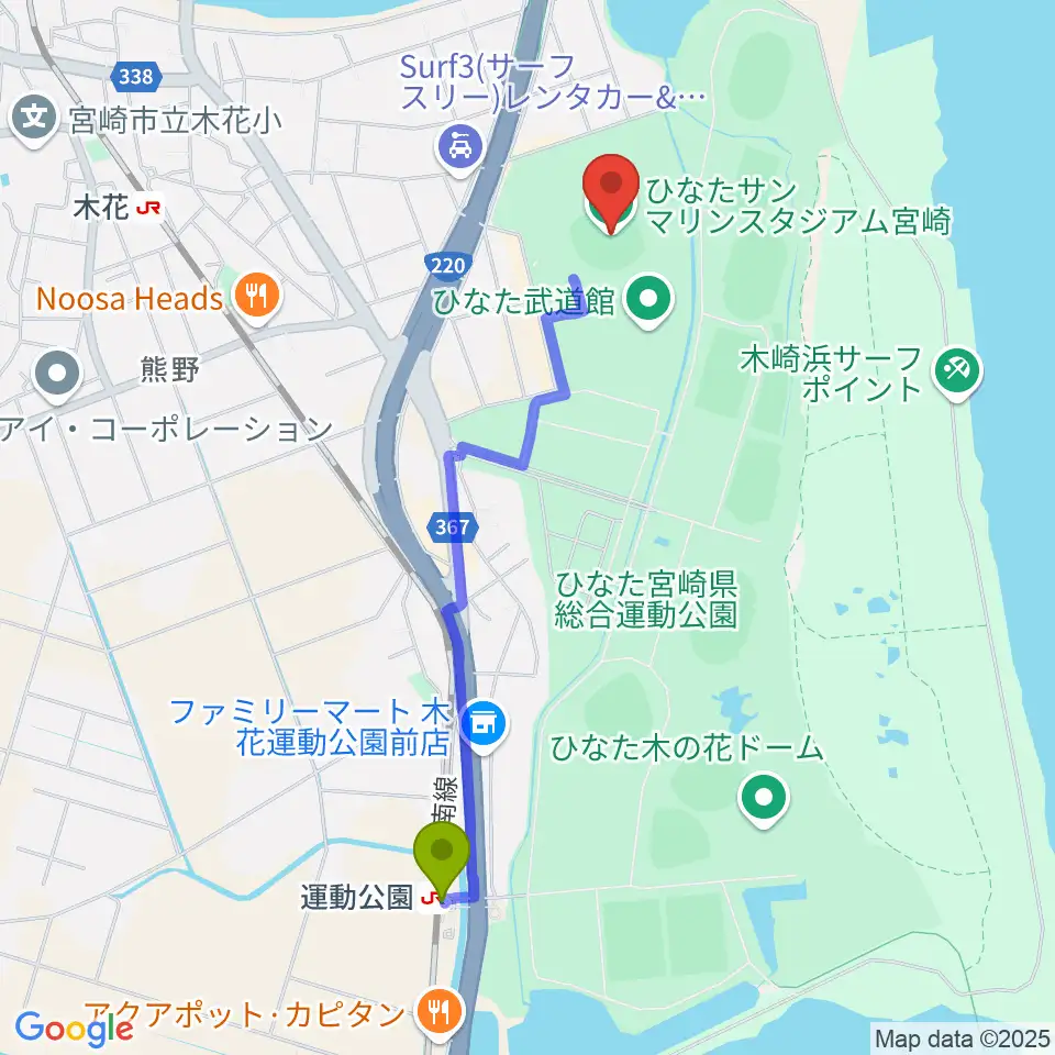 運動公園駅からひなたサンマリンスタジアム宮崎へのルートマップ地図