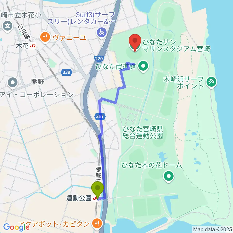 運動公園駅からひなたサンマリンスタジアム宮崎へのルートマップ地図