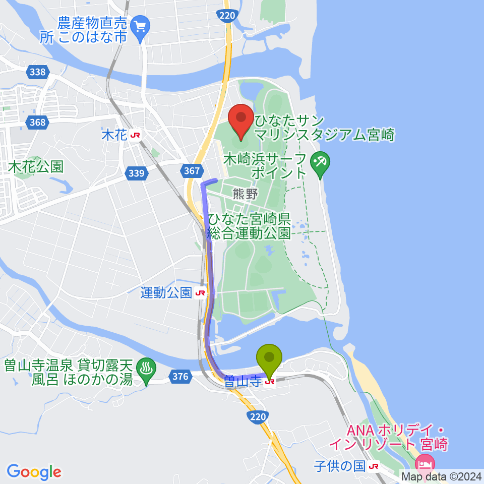 曽山寺駅からひなたサンマリンスタジアム宮崎へのルートマップ地図