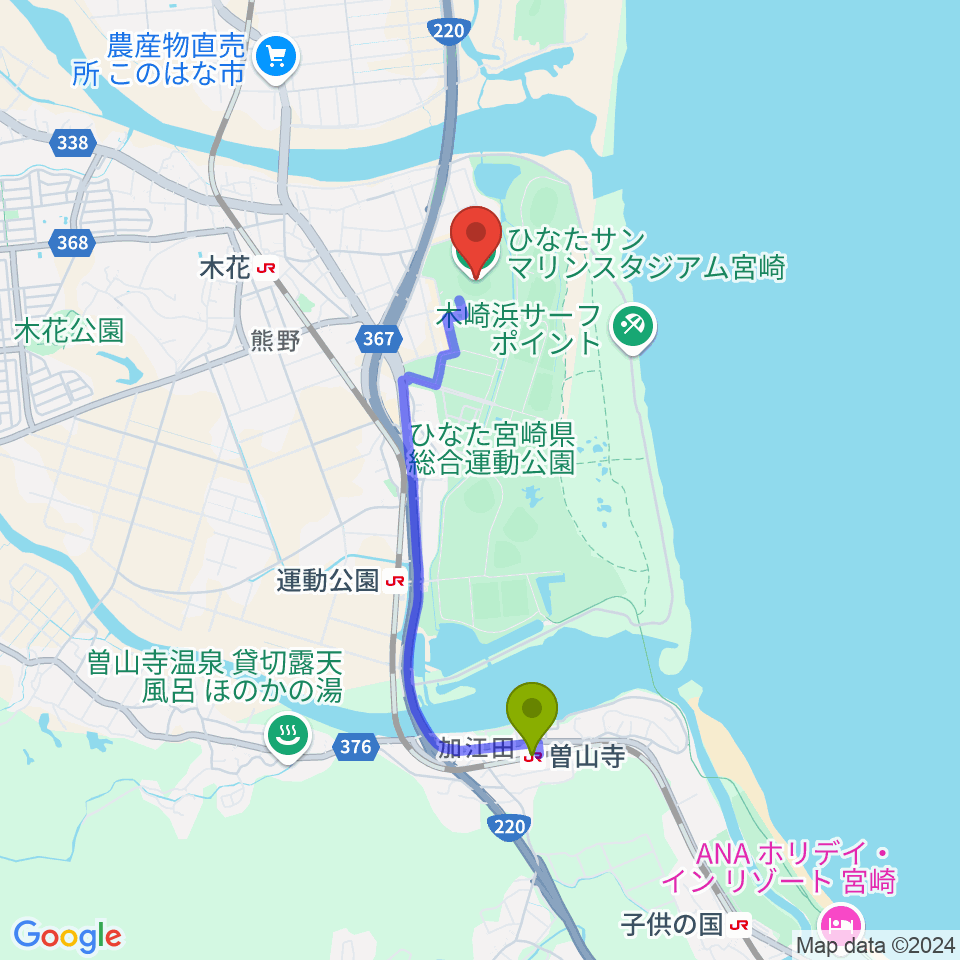 曽山寺駅からひなたサンマリンスタジアム宮崎へのルートマップ地図
