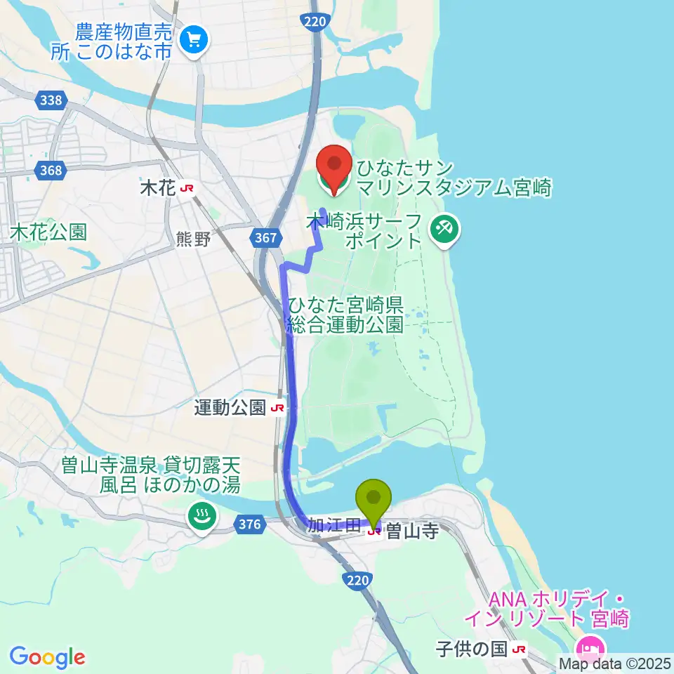 曽山寺駅からひなたサンマリンスタジアム宮崎へのルートマップ地図