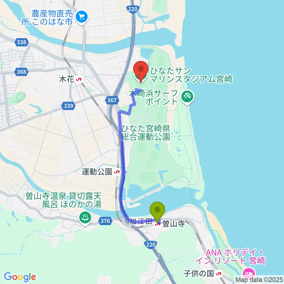 曽山寺駅からひなたサンマリンスタジアム宮崎へのルートマップ地図
