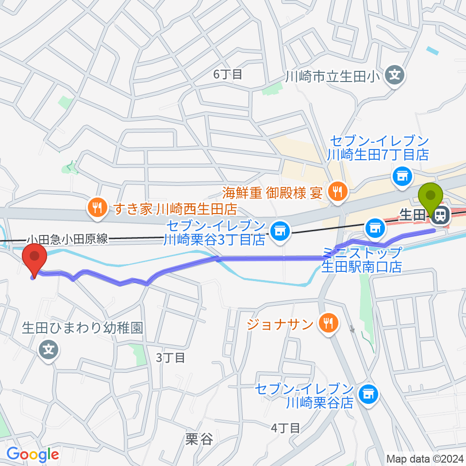 生田駅からさわの Guitar Lab.へのルートマップ地図