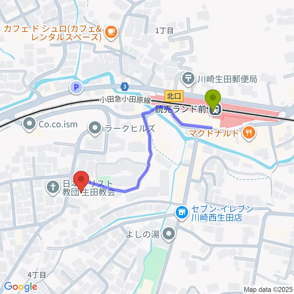 さわの Guitar Lab.の最寄駅読売ランド前駅からの徒歩ルート（約4分）地図