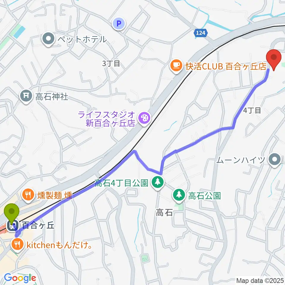 百合ヶ丘駅からさわの Guitar Lab.へのルートマップ地図