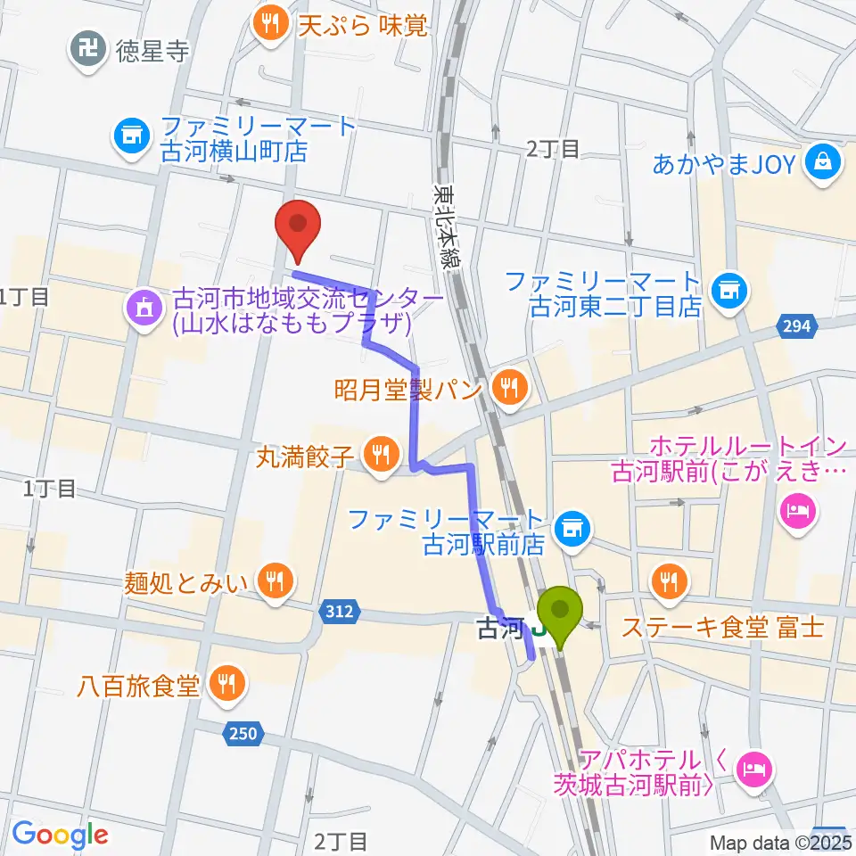 カフェアップスの最寄駅古河駅からの徒歩ルート（約8分）地図