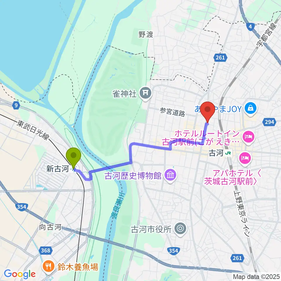 新古河駅からカフェアップスへのルートマップ地図