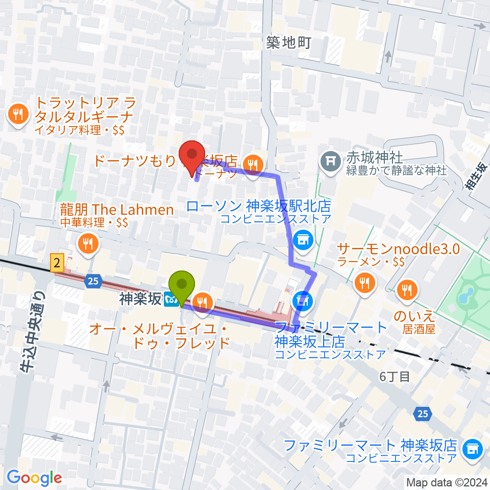 大洋レコードの最寄駅神楽坂駅からの徒歩ルート（約2分）地図