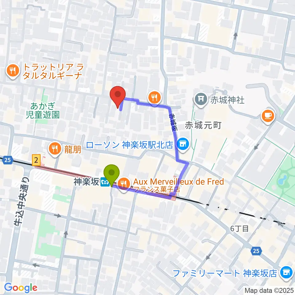 大洋レコードの最寄駅神楽坂駅からの徒歩ルート（約2分）地図