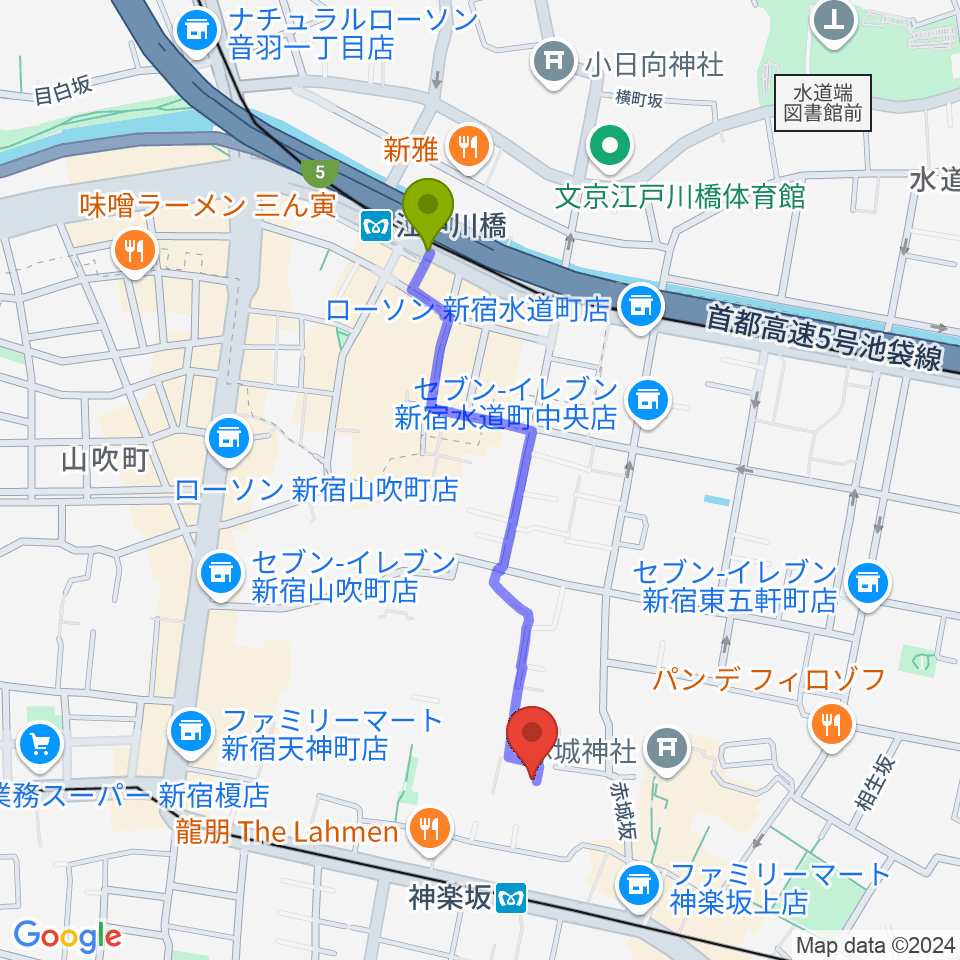 江戸川橋駅から大洋レコードへのルートマップ地図