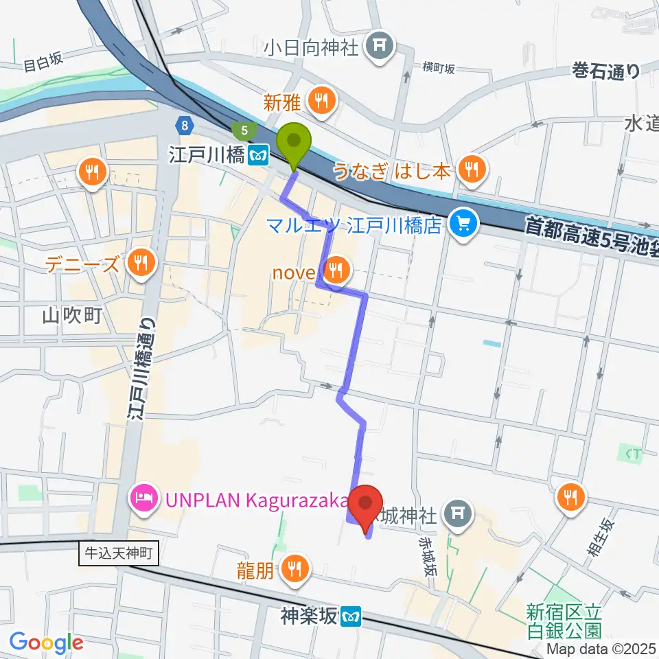 江戸川橋駅から大洋レコードへのルートマップ地図